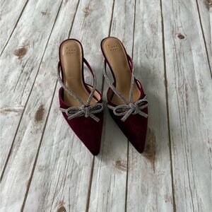 Burgundy Pointed Toe Bow Heeled Mules